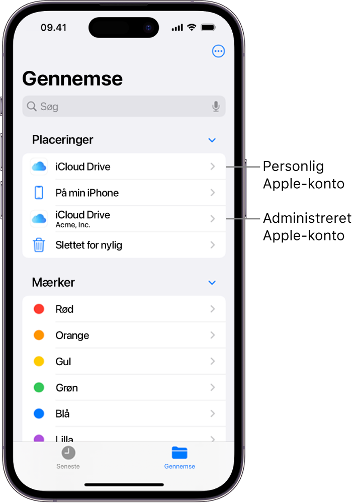 En iPhone-skærm, der viser to iCloud Drive-enheder. Den ene bruger en personlig Apple-konto og den anden en administreret Apple-konto.