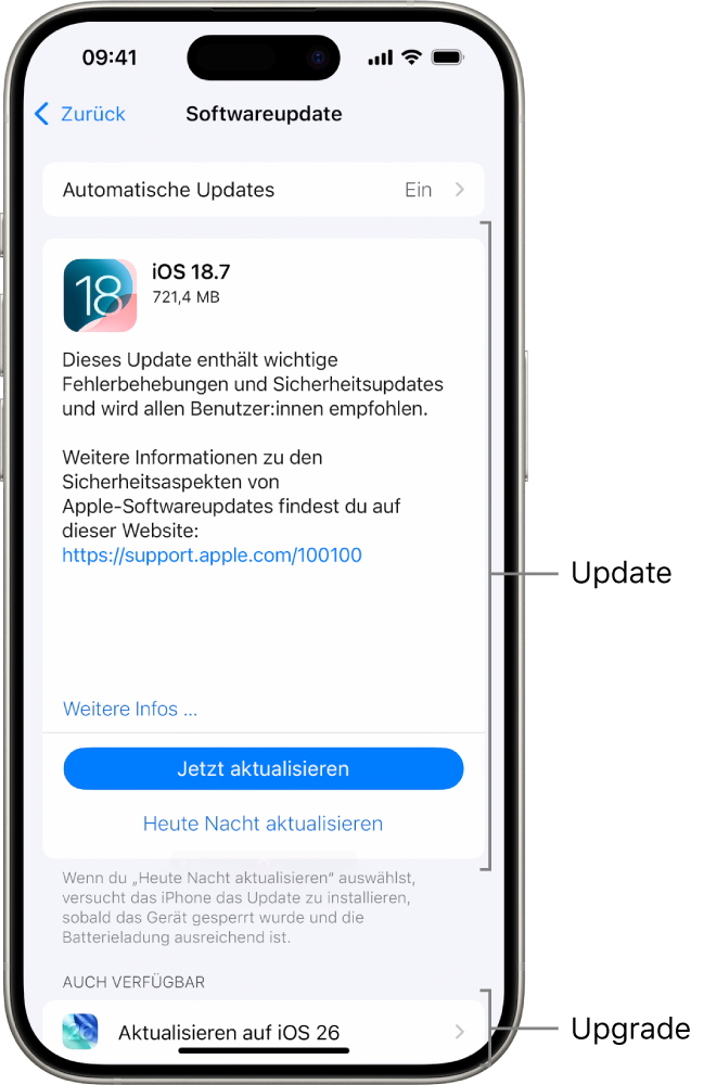 Ein iPhone-Bildschirm zeigt ein Update für iOS 18.7 oder ein Upgrade für iOS 26.