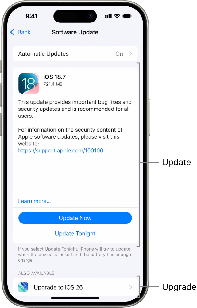 An iPhone screen showing an update to iOS 18.7 or an upgrade to iOS 26.