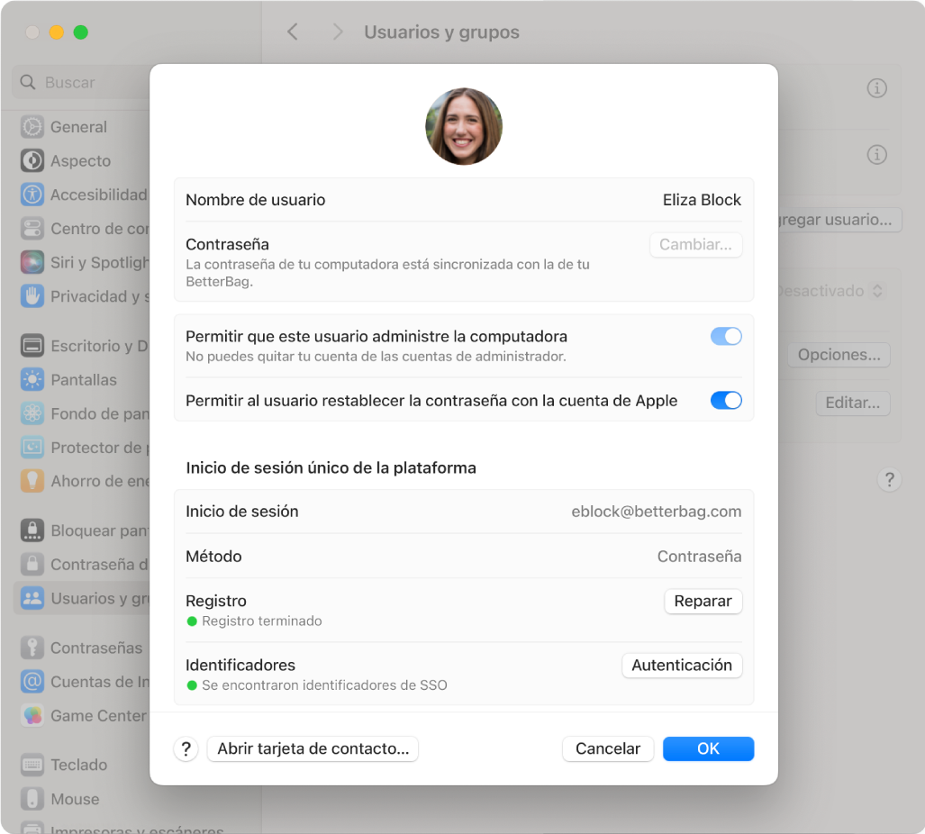 La ventana de una Mac mostrando a un usuario que inició sesión mediante SSO de plataforma.