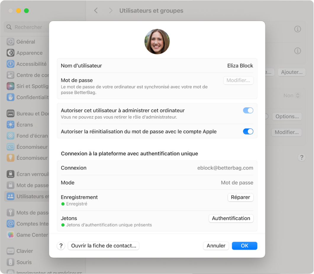 Une fenêtre d’un Mac affichant un utilisateur ayant ouvert une session au moyen d’une plateforme d’authentification unique.