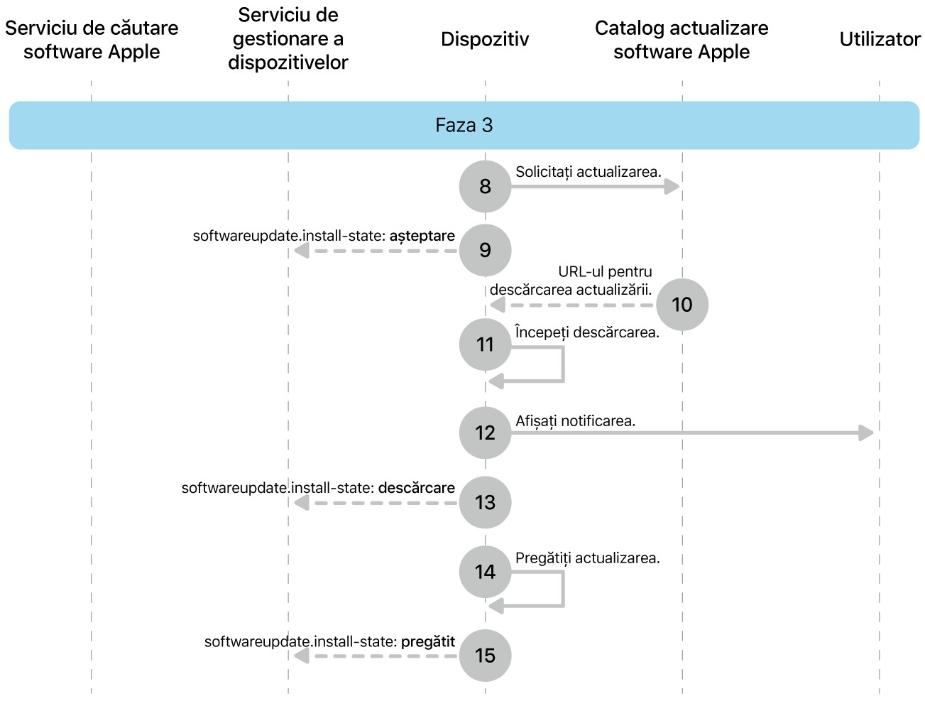Faza 3 afișând pașii de la 8 la 16 ai impunerii actualizării de software Apple.