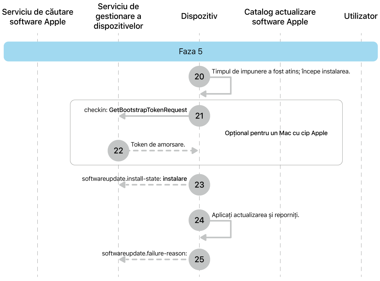 Faza 5 afișând pașii de la 20 la 25 ai impunerii actualizării de software Apple.