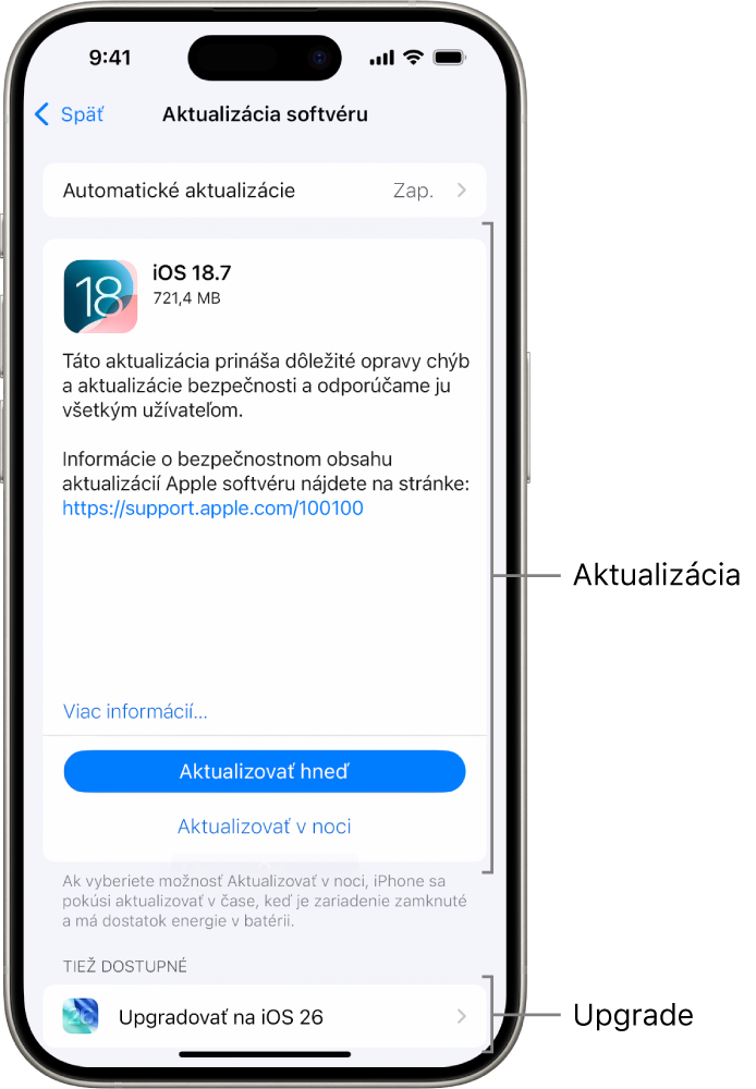 Obrazovka iPhonu zobrazujúca aktualizáciu na iOS 18.7 alebo upgrade na iOS 26.