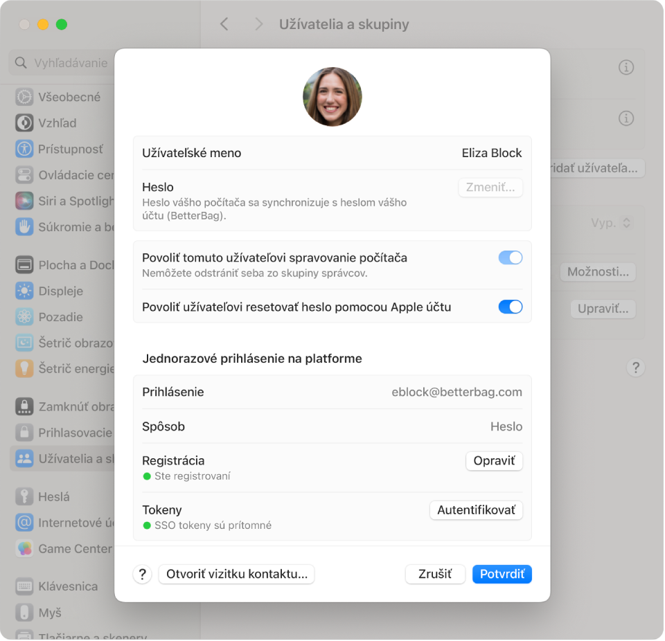 Okno Macu zobrazujúce užívateľa prihláseného pomocou jednorazového prihlásenia na platforme.