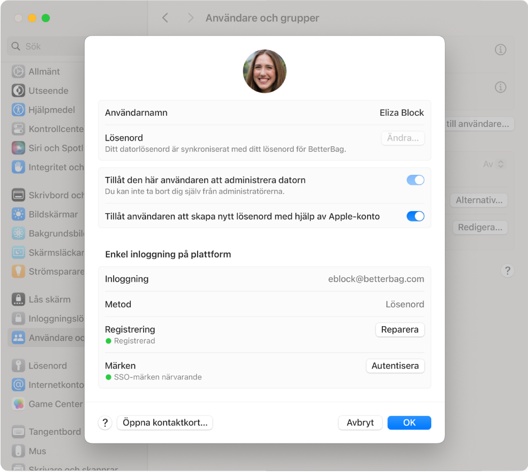 Ett Mac-fönster visar en användare som har loggat in med SSO för plattform.