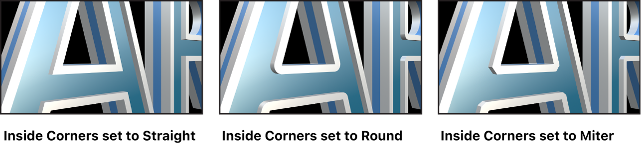 3D-Text im Canvas mit „Innere Ecken“ auf „Gerade“, „Rund“ und „Gehrung“ eingestellt