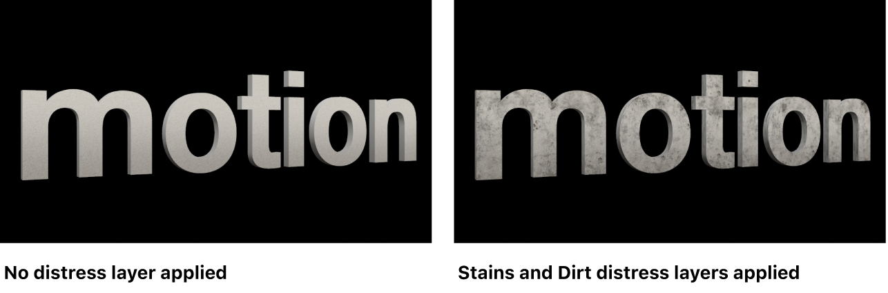 3D-Text im Canvas ohne angewendete Alterungsebenen und mit angewendeten Alterungsebenen „Flecken“ und „Staub“