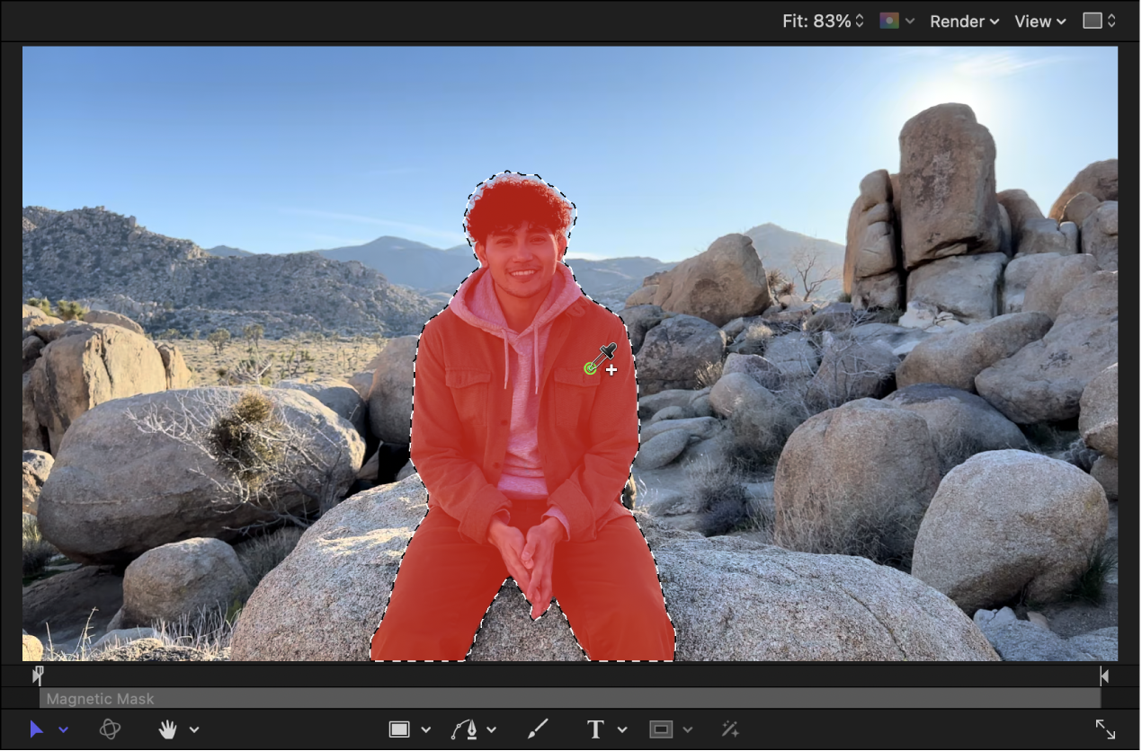 Das Canvas zeigt die Maske „Magnetische Maske“, die angewendet wird, um eine Person vom Hintergrund eines Clips zu isolieren. Beim Ziehen der Pipette wird die Person hervorgehoben, um anzuzeigen, wo die Maske „Magnetische Maske“ angewendet wird.