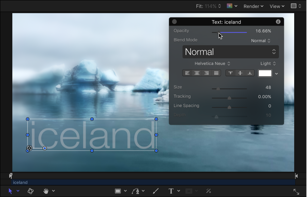 Canvas und Schwebepalette mit einer Deckkraft von 56 % des Textobjekts