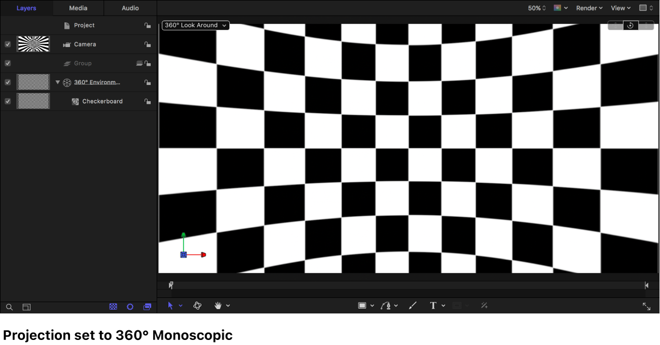 Canvas mit Generator „Schachbrettmuster“, der in der Projektion „360° monoskopisch“ angezeigt wird