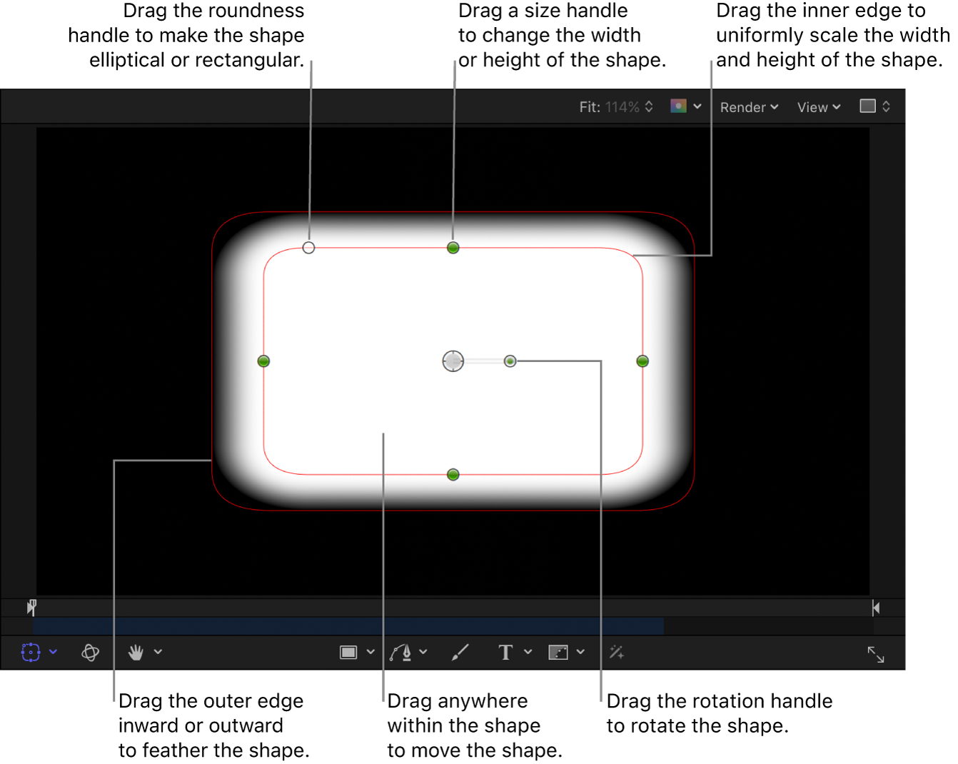 Onscreen controls to scale, feather, adjust roundness, and rotate a simple shape