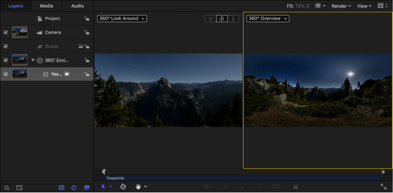 Canvas showing 360° Look Around (the projected image) in the left viewport and 360° Overview (the equirectangular image) in the right viewport