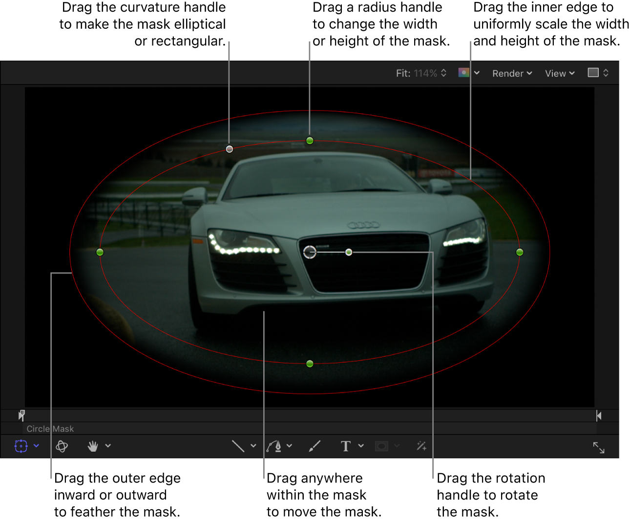 Onscreen controls to scale, feather, adjust curvature, and rotate a simple mask