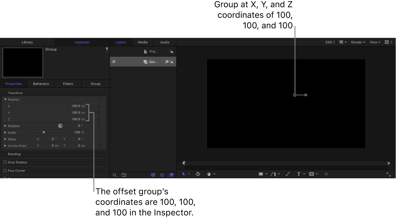 Canvas and Inspector showing group placed at coordinates: X = 100, Y = 100, Z = 100