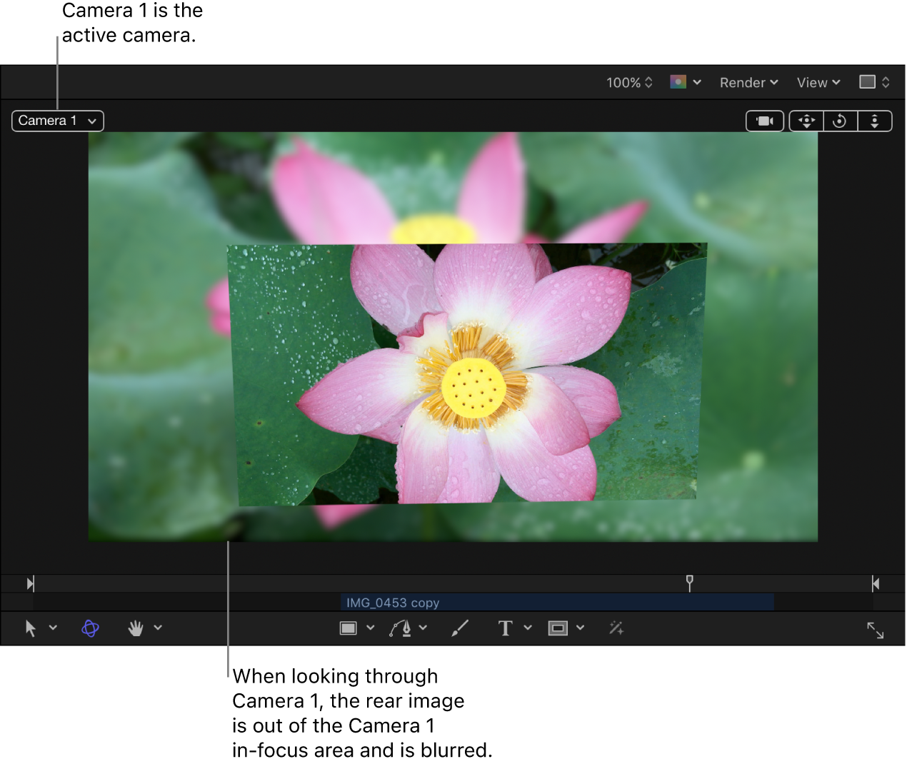Canvas showing camera with depth-of-field effect visible