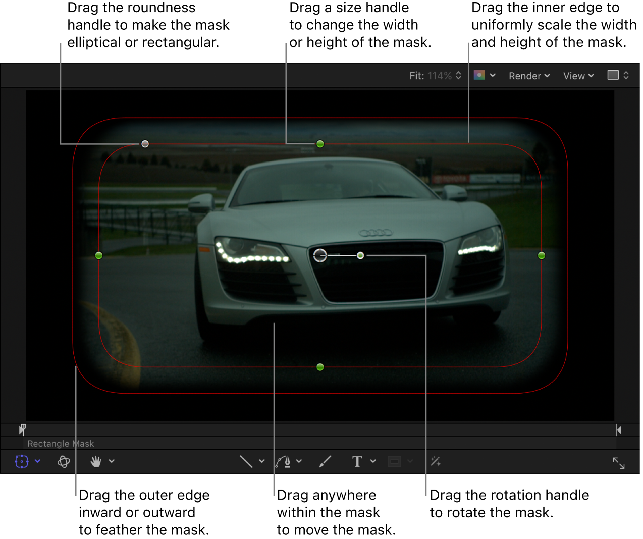 Onscreen controls to scale, feather, adjust roundness, and rotate a simple mask