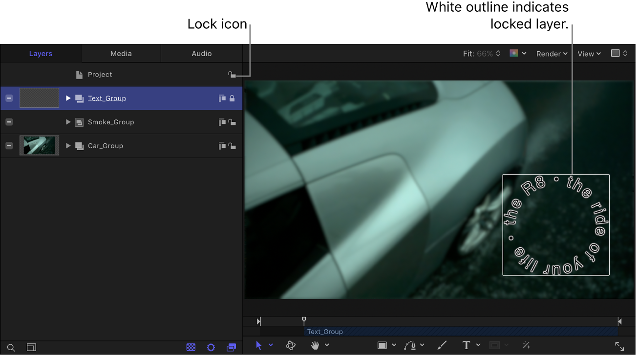 Layers list showing lock icon and canvas showing locked object