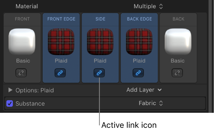 Inspector de texto 3D con varios materiales seleccionados y el icono de enlace activo