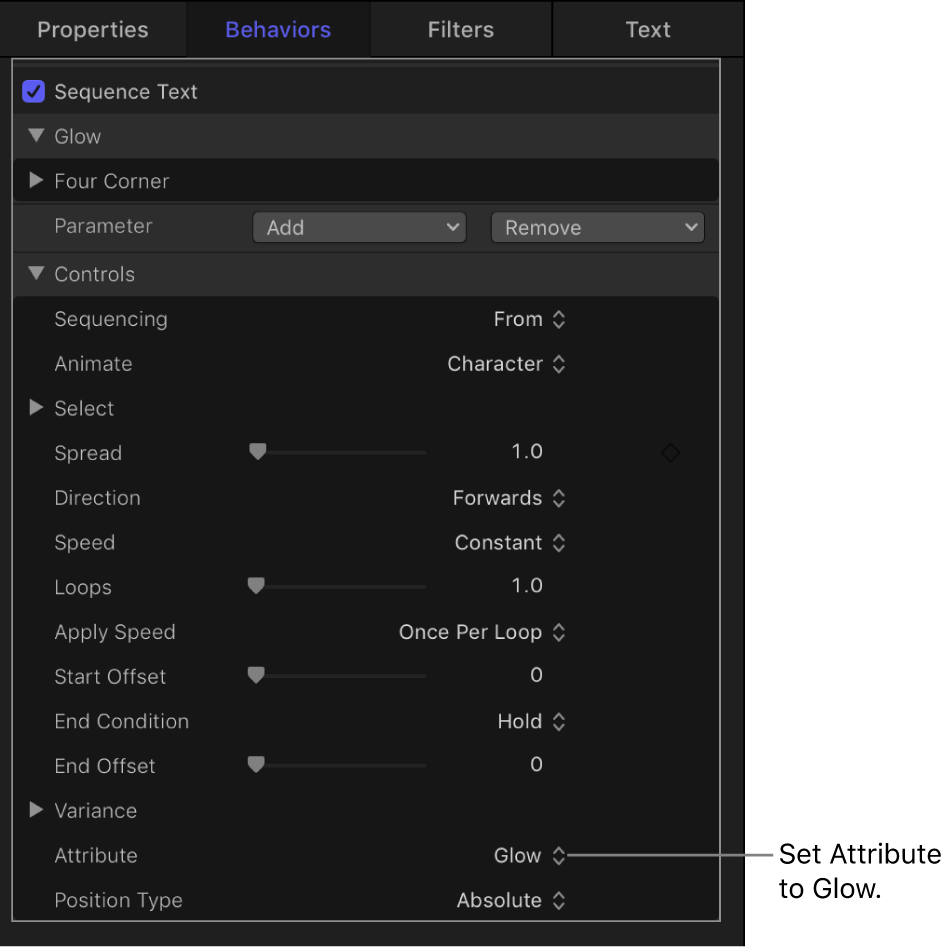 Inspector con el menú desplegable Atributo en el comportamiento “Texto de la secuencia”