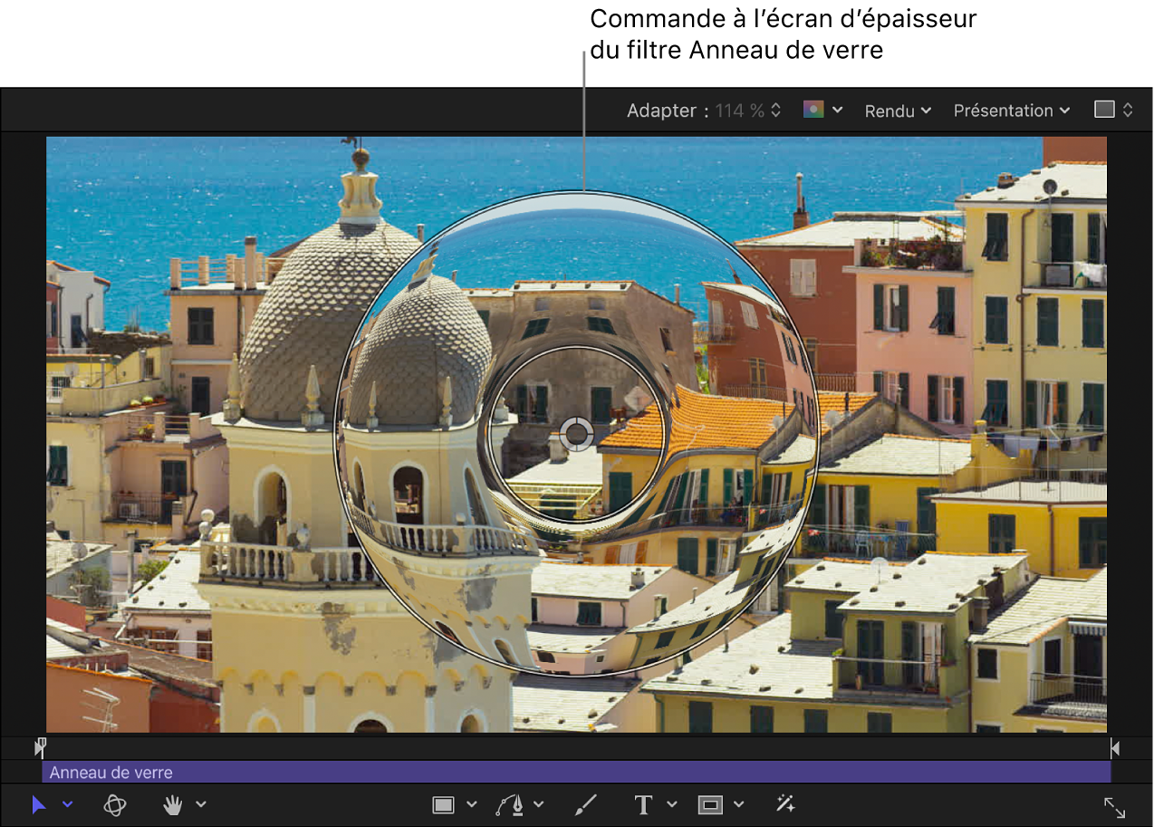 Commande à l’écran d’épaisseur du filtre Anneau de verre