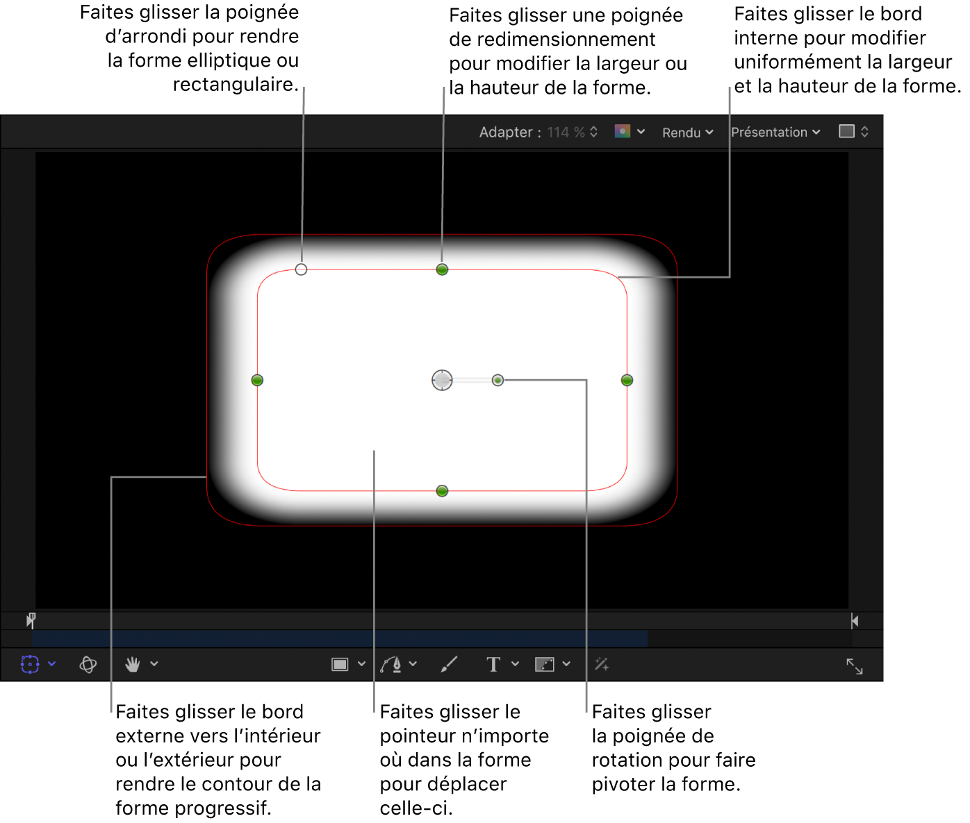 Commandes à l’écran permettant de régler la taille, le contour progressif, la rondeur et la rotation d’une forme simple