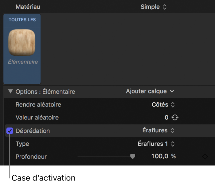 Inspecteur de texte 3D affichant la case d’activation d’un calque de matériau