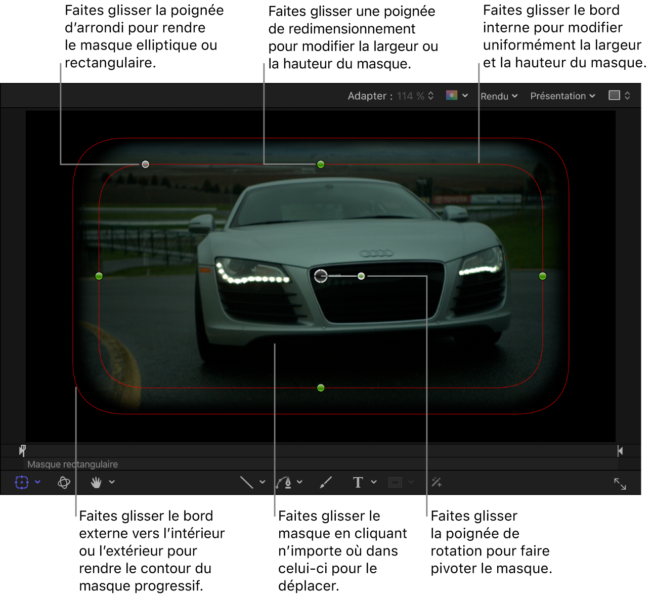 Commandes à l’écran permettant de régler la taille, le contour progressif, la rondeur et la rotation d’un masque simple