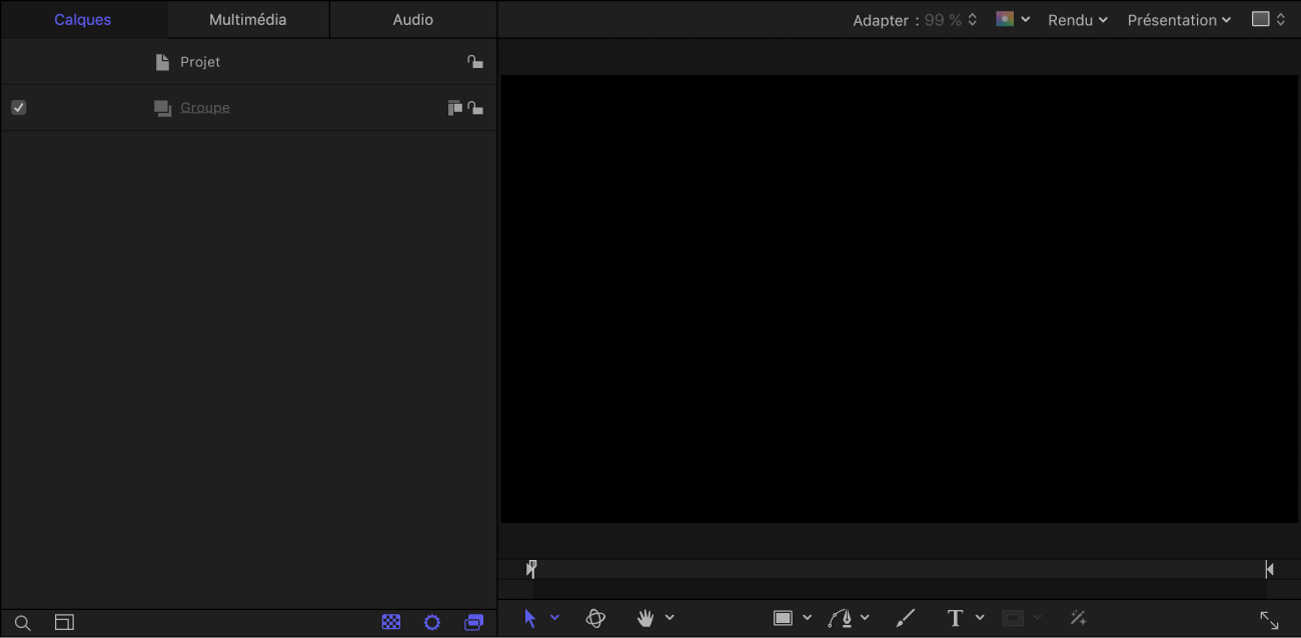Nouveau projet de générateur Final Cut affichant la liste Calques et le canevas