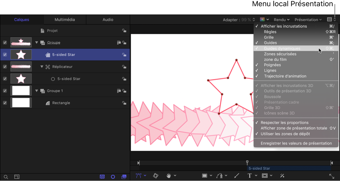 Sélection de l’option Guides dynamiques dans le menu Présentation