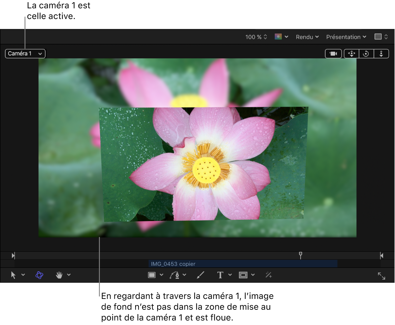 Canevas affichant une caméra dont l’effet de profondeur de champ est visible