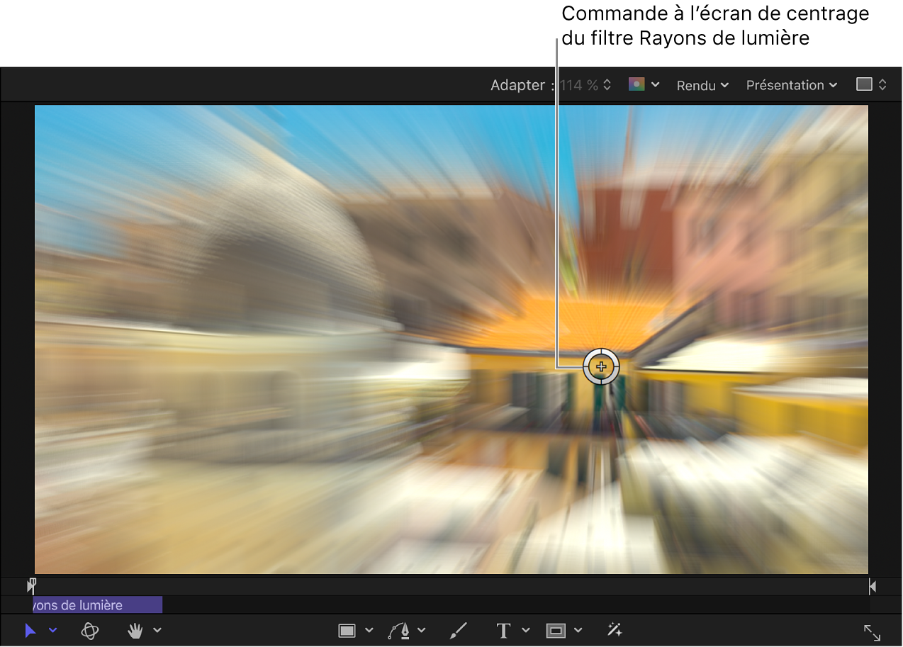 Commande à l’écran de centrage du filtre Rayons de lumière