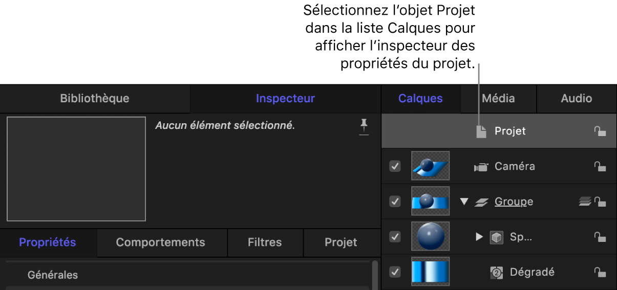 Inspecteur des propriétés d’un projet d’un objet 3D