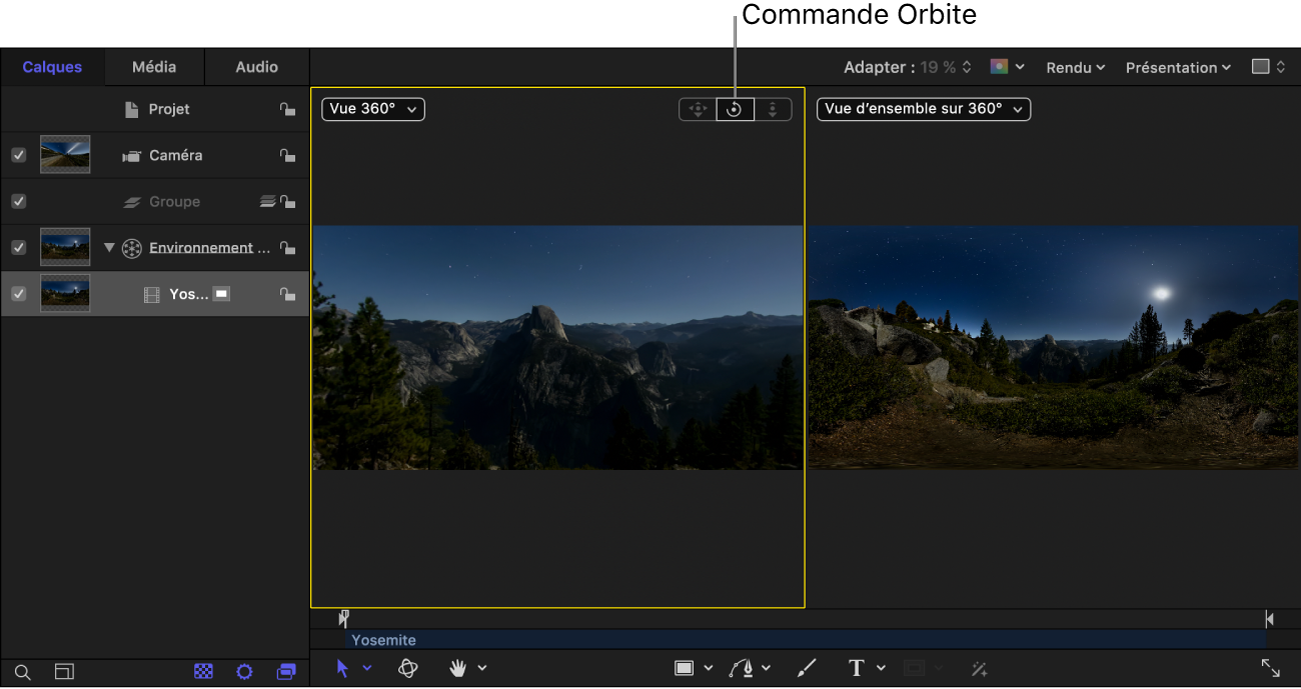 Canevas affichant la commande Orbite dans le canevas