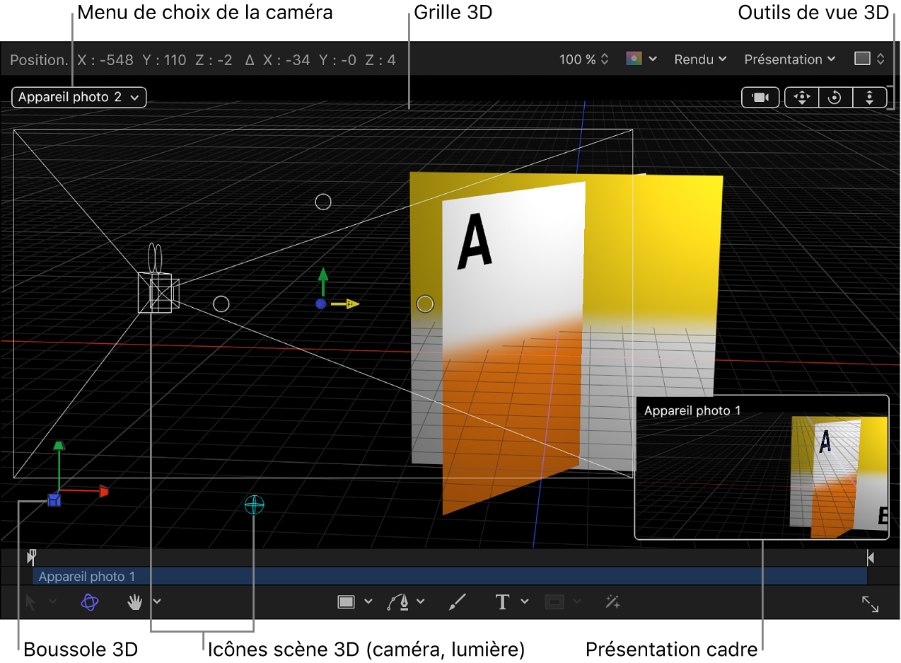 Canevas affichant les commandes 3D : le menu local Caméra, les outils de présentation 3D, les icônes de scène 3D, la grille 3D, la boussole 3D et la présentation cadre
