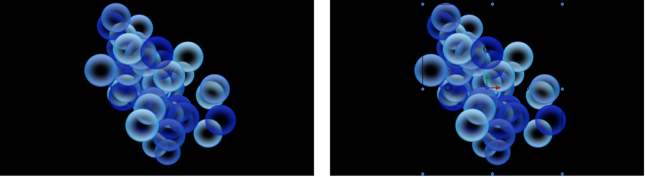 Canevas et inspecteur affichant un système de particules défini sur « Sélectionner dans la palette », avec un dégradé pour déterminer les couleurs