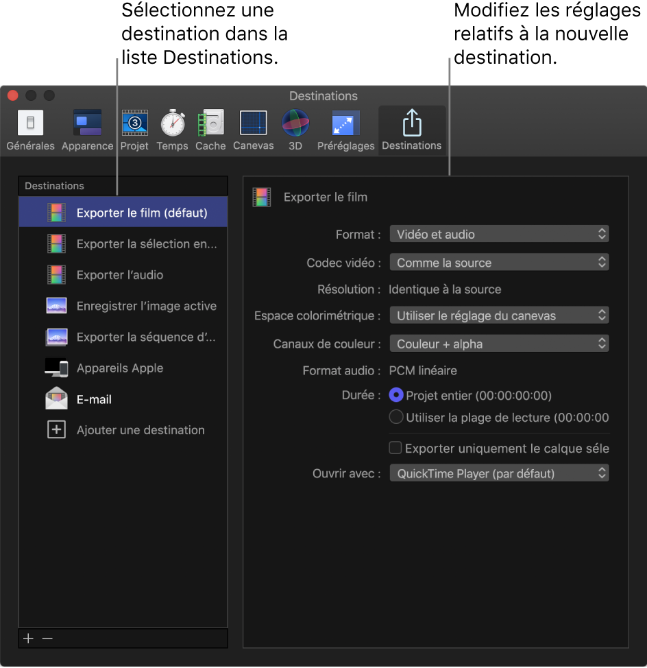 Fenêtre Réglages de Motion affichant l’option « Exporter le film » sélectionnée dans la fenêtre Destinations