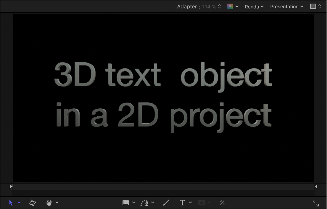 Canevas affichant un exemple de texte 3D dans un projet 2D