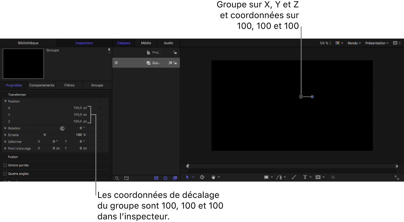 Canevas et inspecteur affichant un groupe placé aux coordonnées : X = 100, Y = 100, Z = 100