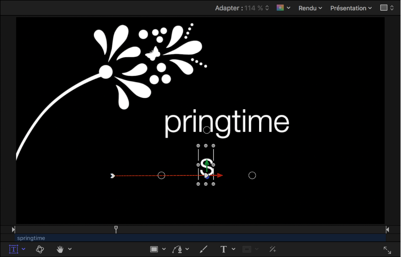 Canevas affichant le point d’arrivée de l’animation et dont la trajectoire d’animation est visible
