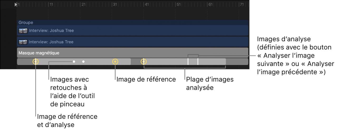 Un masque magnétique dans la timeline, affichant la plage d’analyse. Les images de référence sont indiquées par des points jaunes et les modifications avec l’outil pinceau indiquées par des points blancs.