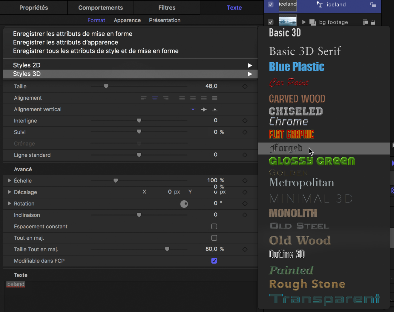 Inspecteur affichant le menu local des styles de texte 3D