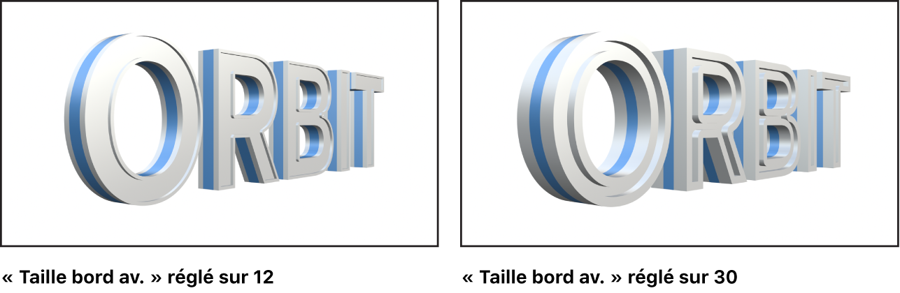 Canevas affichant un texte 3D avec le Bord avant réglé sur 12 et un autre dont le Bord avant est réglé sur 30