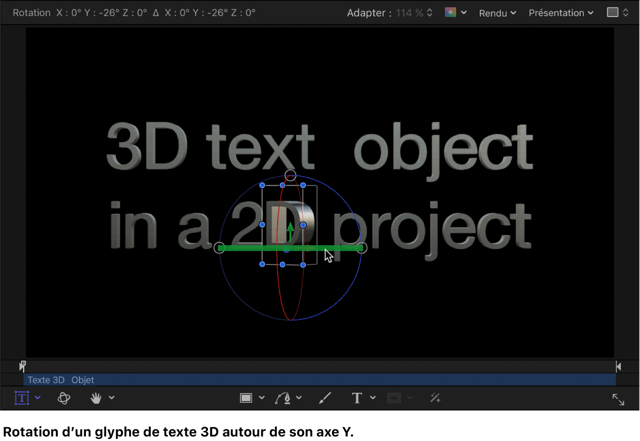 Rotation d’un glyphe de texte 3D autour de l’axe X dans le canevas