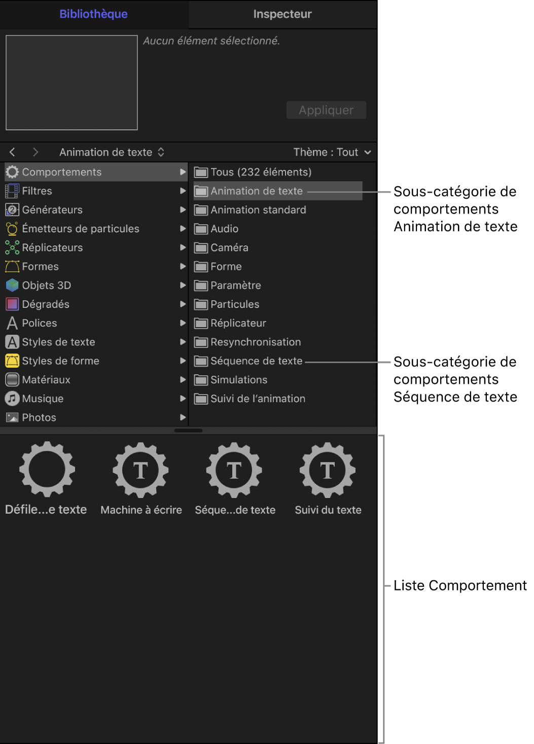 Bibliothèque affichant la sous-catégorie de comportements Animation de texte