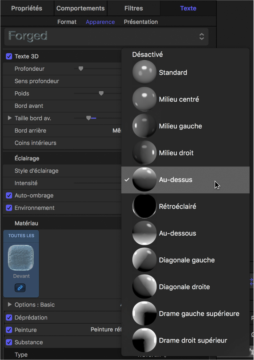 Inspecteur affichant le menu local Style d’éclairage du texte 3D.
