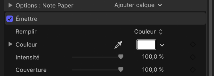 Inspecteur de texte 3D affichant les commandes Émettre