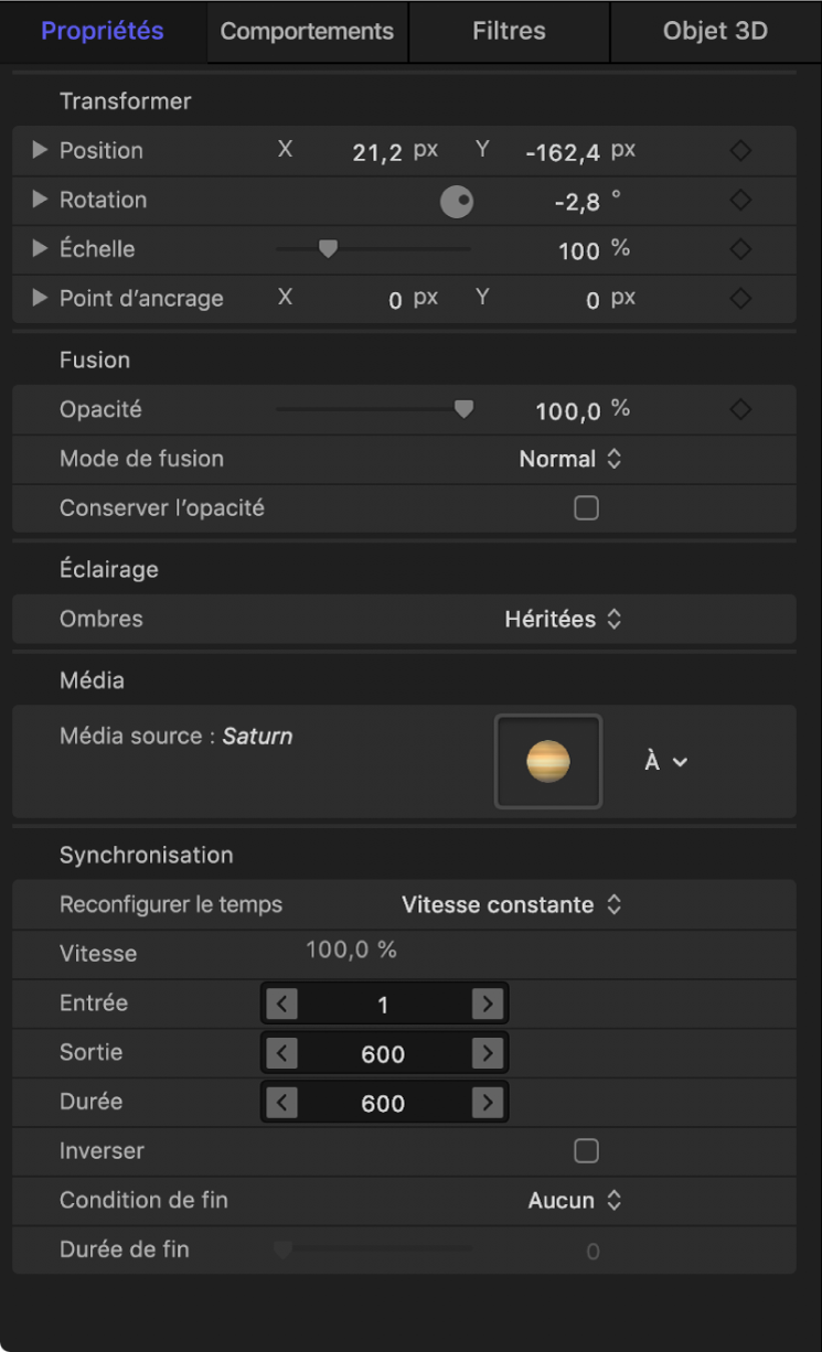 Inspecteur des propriétés d’un objet 3D