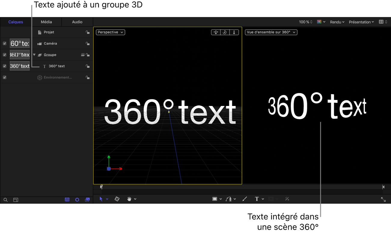 Texte ajouté à un objet Groupe du projet 360°