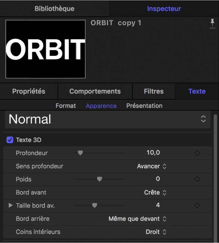 Paramètres Texte 3D dans la fenêtre Apparence de l’inspecteur de texte